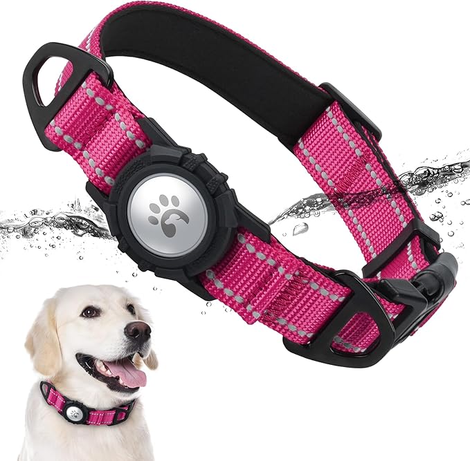 TagME Airtag Dog Collar,Waterproof Reflective Pet Collar with Airtag Holder,Soft Padded and Double D-Rings for Extra Large Dogs,Hot Pink