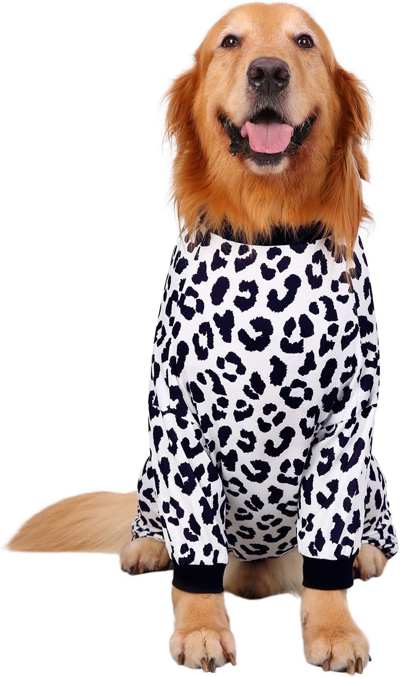 HDE Dog Pajamas One Piece Jammies Jumpsuit Pet Clothes Outfit Stretchy Lightweight Comfy Shirt Pjs for M-3XL Dogs Snow Leopard - 3XL