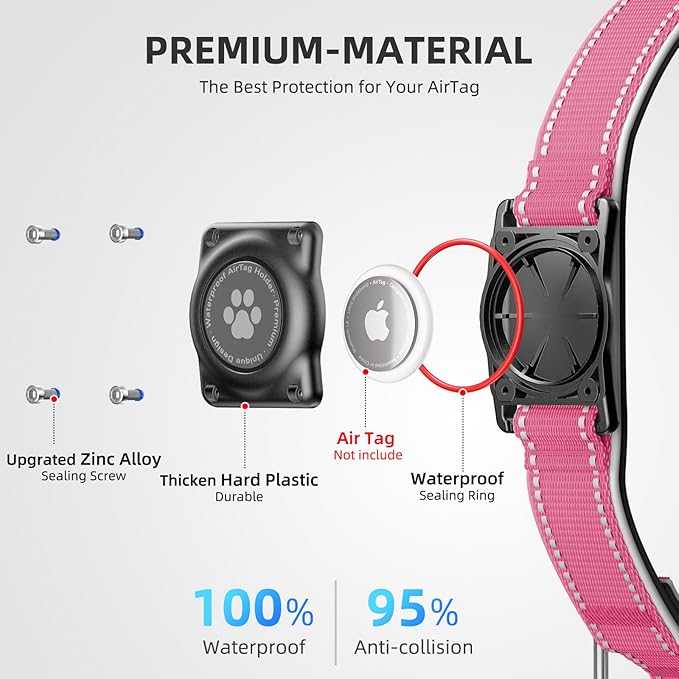Airtag Dog Collar - 100% Waterproof Air tag Dog Collar Holder for Apple AirTag, Reflective, Soft Padded, Everlasting, GPS Dog Collar for Small Medium Large Dogs (Hot Pink, S)