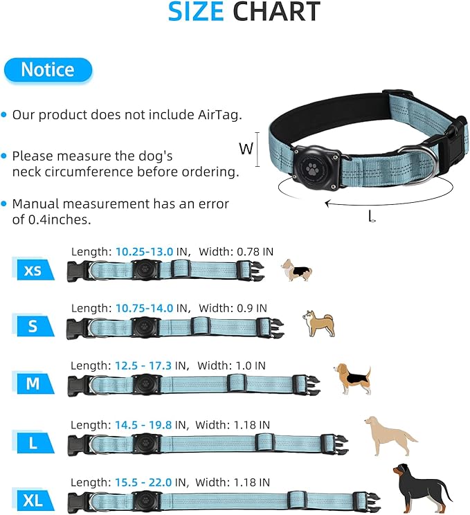 Upgraded AirTag Dog Collar, IP68 Waterproof Air Tag Dog Collar Holder, Reflective, Ultra-Durable, Comfortable Padded, Heavy Duty Dog Collars for Small Medium Large Dogs (L (14.8"-20.3"), LightBlue)