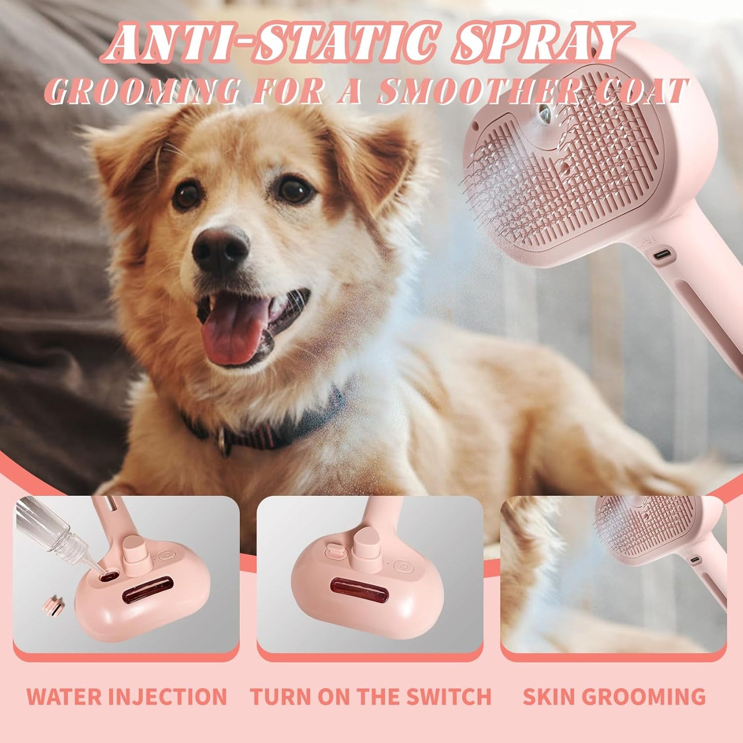 Self-Cleaning Spray Cat Brush for Shedding, Removes Static Flying Hair, and Works Wonders for Both Long and Short-Haired Pets 2 In 1 Cleaning Brush for Cats And Dogs Grooming (pink)