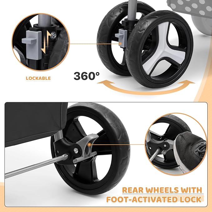 Magshion Foldable Pet Stroller, 3-in-1 Dog Travel Jogger with Detachable Carrier, Cup Holder, Storage Basket, Folding Carrier for Small/Medium Dogs & Cats Up to 33 lbs, Black Polka Dots