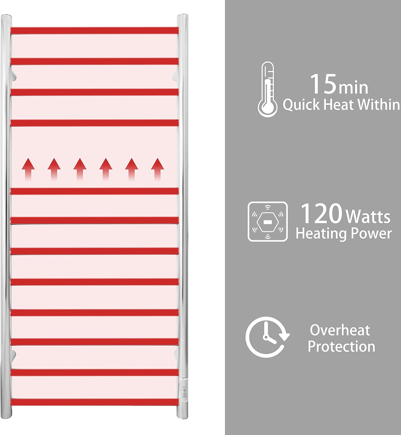 KEG Towel Warmer Wall Mounted with Built-in Timer 12 Bars Electric Stainless Steel Heated Towel Racks for Bathroom, Hot Plug-in Bath Towel Heater Polish Chrome