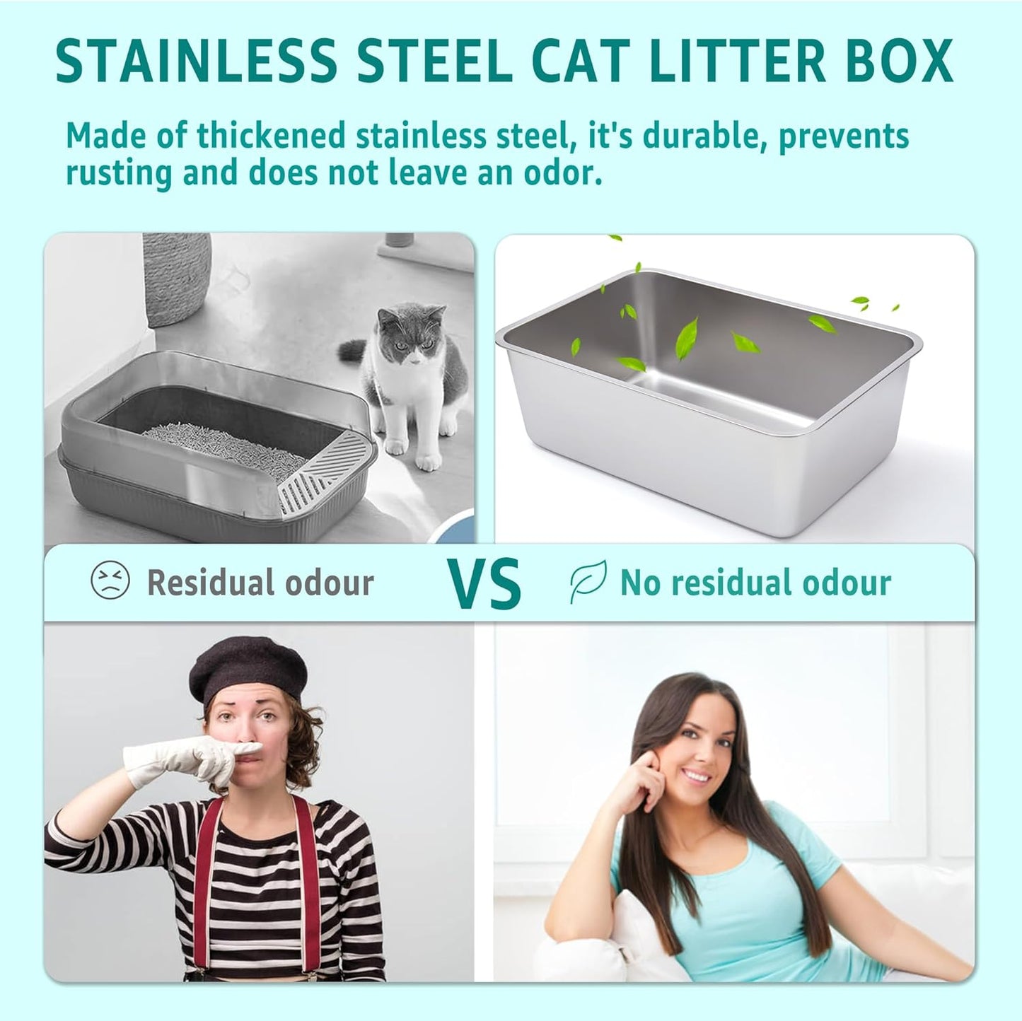 Stainless Steel Litter Box -6in High Side,Metal Litter Box for Cat/Kitty/Rabbits 17" L x 13.8" W x 6" H，Stainless Steel Cat LitterBox-Metal PanToilet,No Smell, Non Stick, Easy Clean.