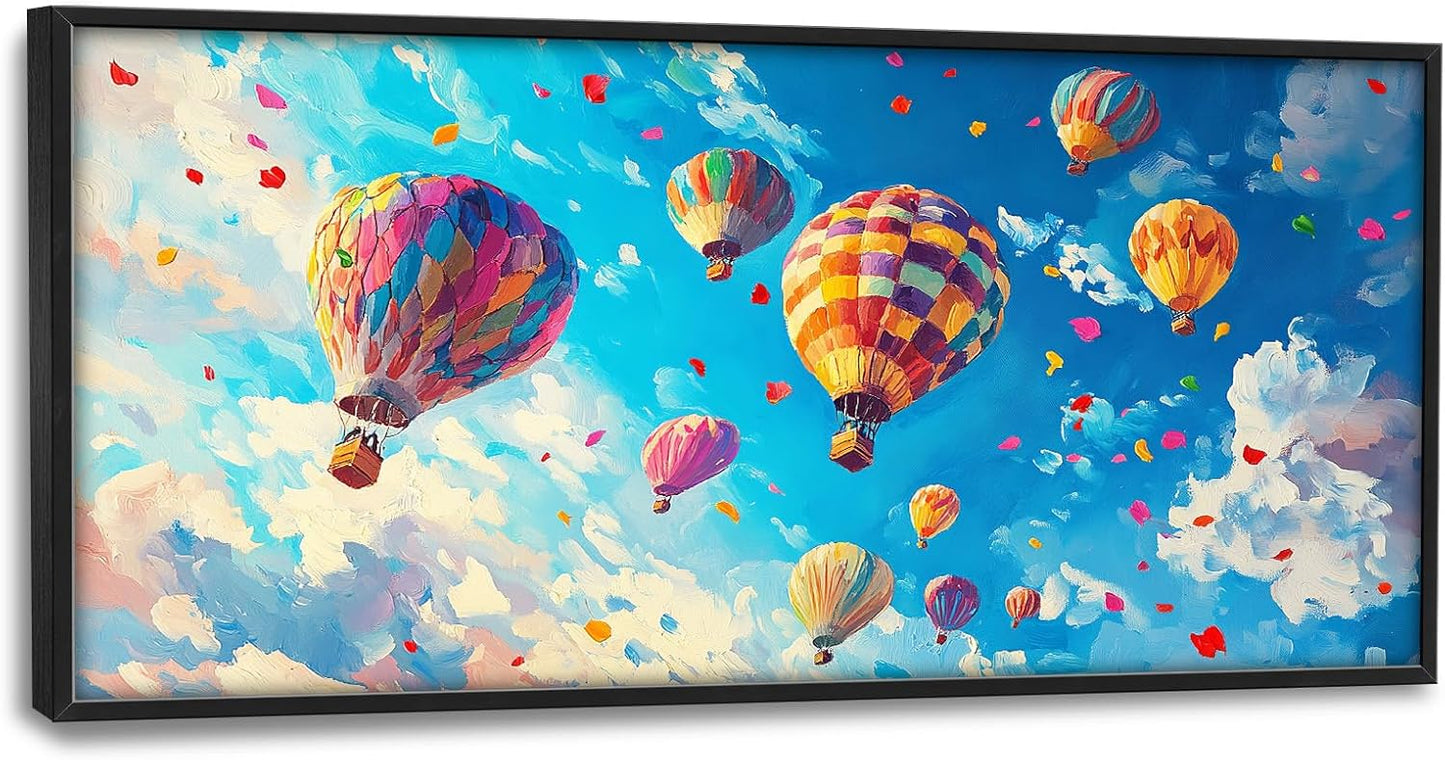 Hot Air Balloon Large Wall Art for Living Room, Framed Oversized Hot Air Balloon Wall Decor Colorful Sky Canvas Painting Modern Artwork for Living Room Bedroom Office Dinging Room 60"x30"