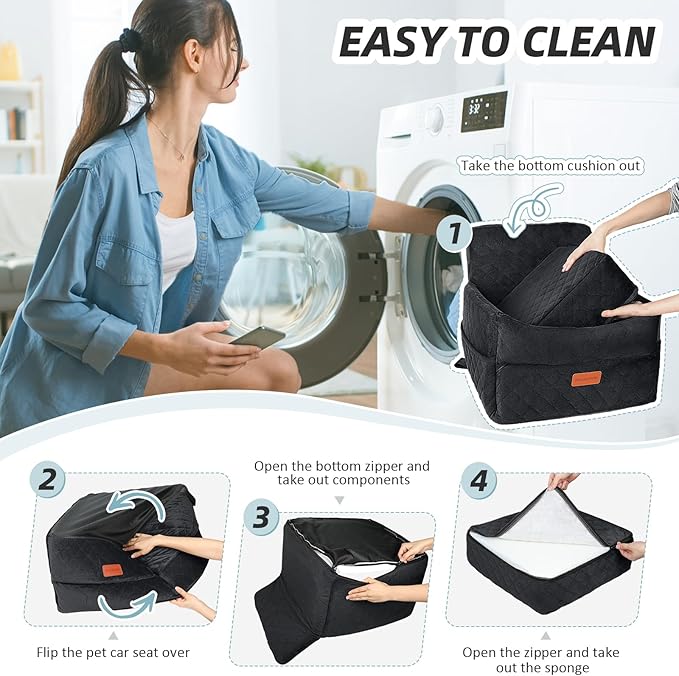 Small Dog Car Seat, Memory Foam Dog Booster Car Seats with Thick Cushion for Medium Dogs Under 35lbs, Detachable Washable Dog Bed for Car, Pet Carseat with Storage Pockets,2 Safety Belts