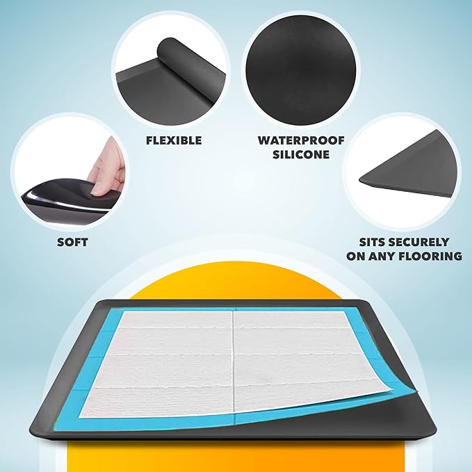 TidyFriend Dog Pee Pad Holder Tray Fits for 24” x 24” Wee Wee Pee Pads - Stable Grip, Raised Edges, Quick-Wipe Silicone Surface Dog Potty Tray Holder for Indoor Flooring Protection (Black)