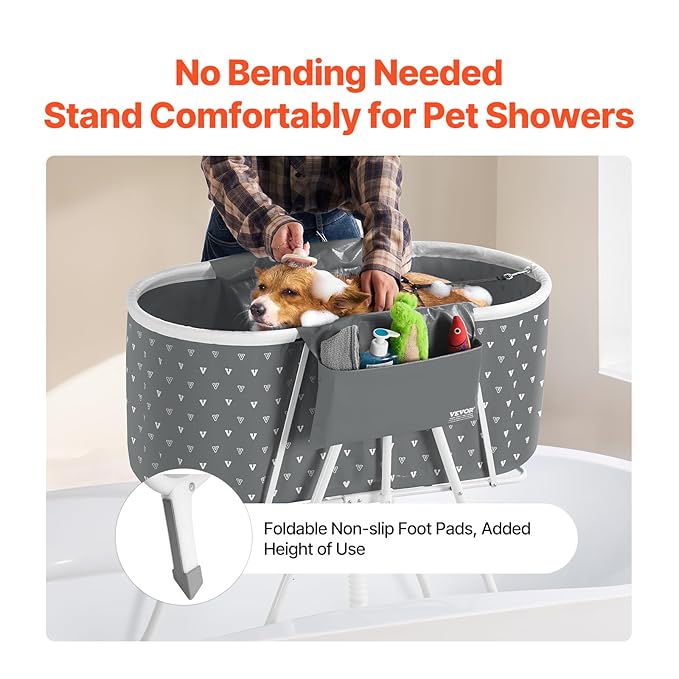 VEVOR Portable Dog Bathtub, Elevated & Foldable Space-Saving Pet Shower Station with Efficient Drainage, Bathing Tub for Washing & Grooming Small and Medium Size Dogs and Cats Indoor & Outdoor, Grey