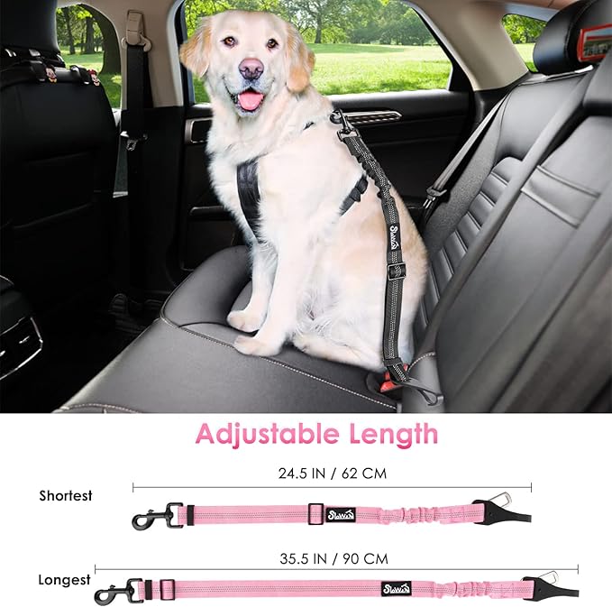 SlowTon Dog Seat Belt, Adjustable Dog Safety Belt Leash, 2 in 1 Latch Bar Attachment Dog Car Seatbelt with Elastic Nylon Bungee Buffer, Reflective Nylon Belt Tether(Pink,35.5in)
