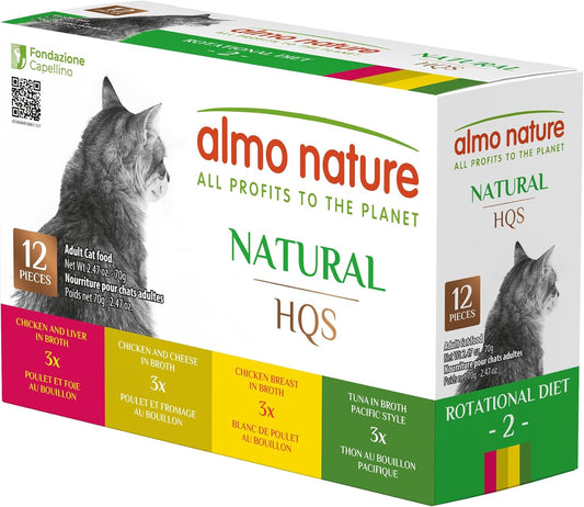 Almo Nature Wet Cat Food HQS Natural Rotational Diet Fish Selection & Chicken Drumstick - Variety Pack, Grain Free, Additive Free, Highly Digestible, Preservative Free 2.47-oz, 12 pack