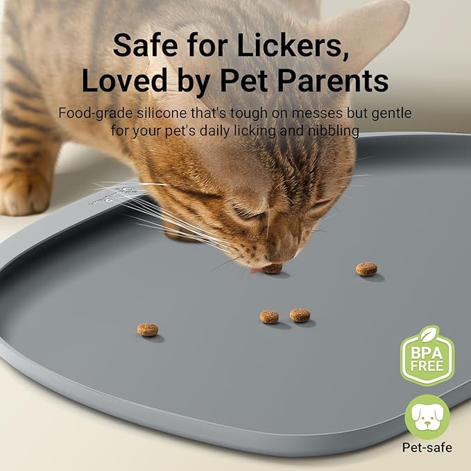 DownyPaws Dog Food Mats for Floors Waterproof, BPA Free Silcone Dog Bowl Mat, Non-Slip Pet Feeding Mat with High Raised Edge, Cat Placemat for Messy Drinkers, 24"×17", Light Gray