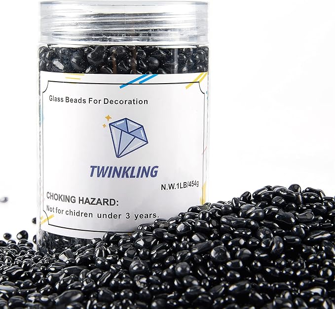 TWINKLING High Luster Round Fire Glass Stones, Marbles, Pebbles, Beads Gems for Fire Pit Vase Fillers Crafts Aquarium Garden Decoration, 3-6mm, 1-Pound Jar (Black)