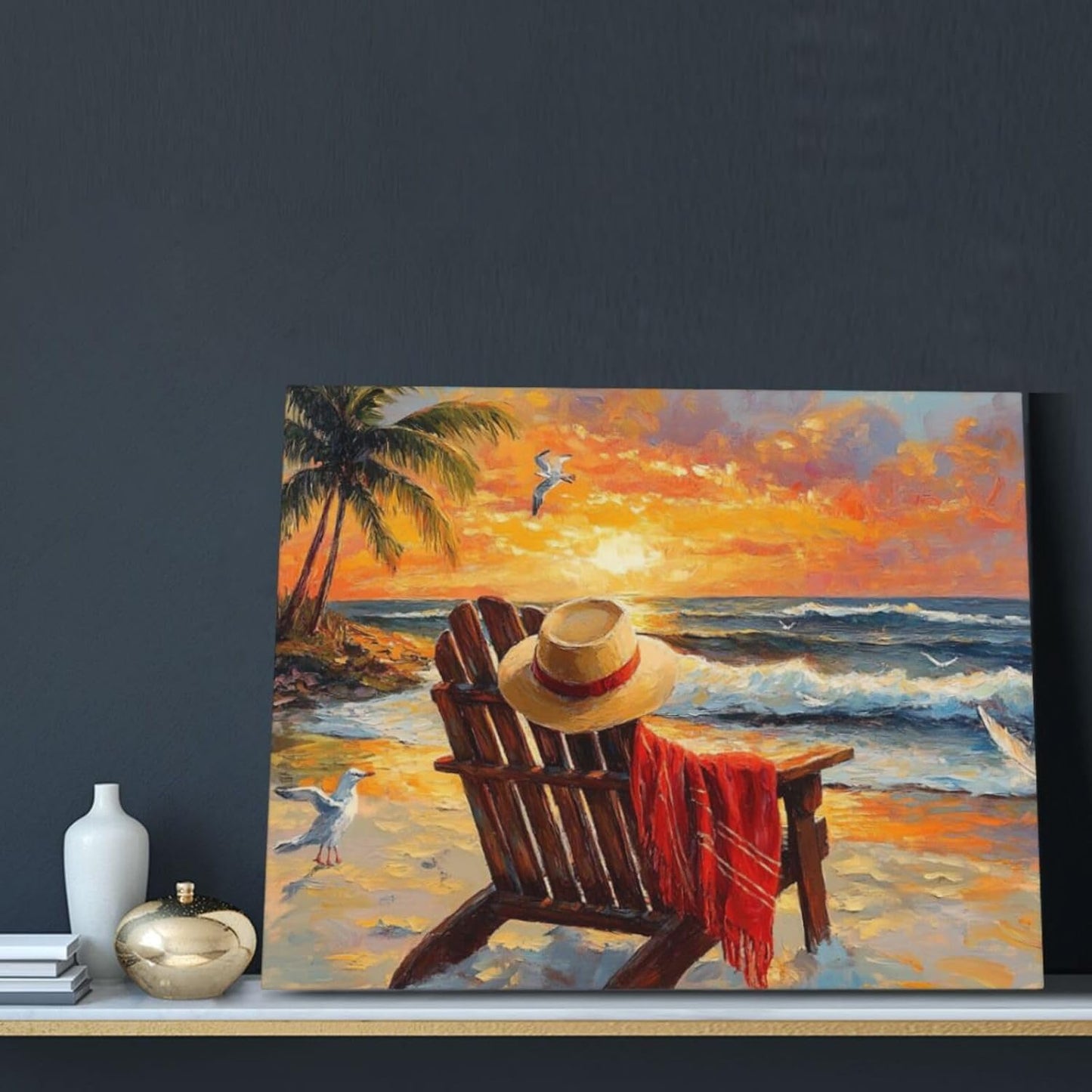 Beach Coastal Bathroom Pictures Wall Art, Seaside Ocean Bathroom Wall Decor, Sunrise Palm Framed Painting Canvas Artwork for Bedroom Living Room Decorations 20"L x 16"W
