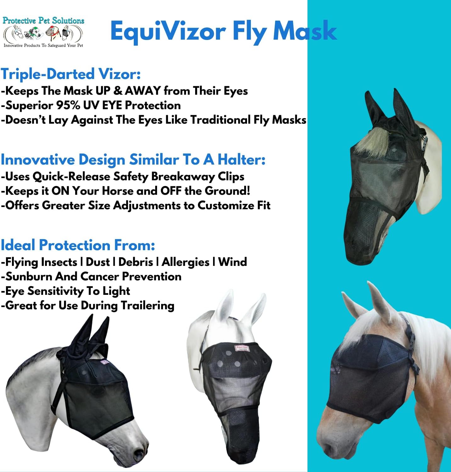 95% UV Eye Protection (Pony) Standard Horse Fly Mask - Help with Uveitis, Corneal Ulcer, Cataract, Light Sensitivity, Cancer. Designed to Stay On Your Horse, Off The Ground!