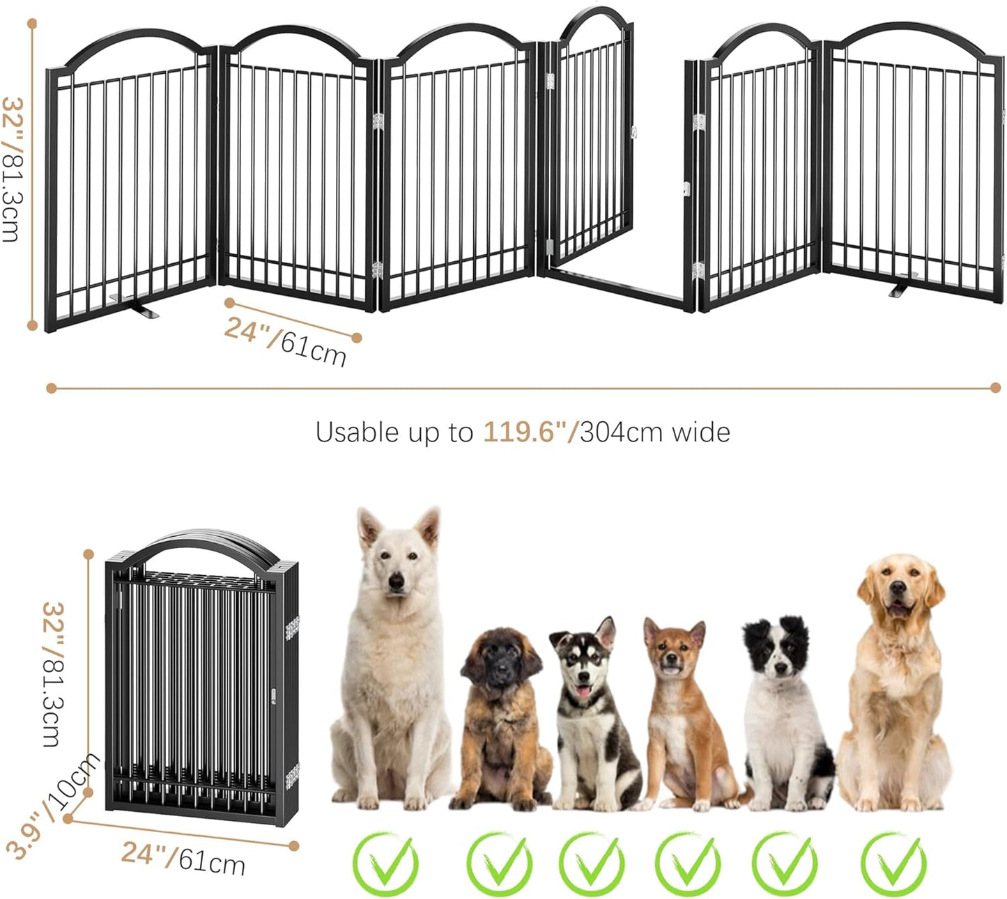 BHG Metal No-Assembly Freestanding Dog Gate with Door Walk Through, Extra Wide 144", Extra Tall 32" Pet Gate, Accordion Puppy Folding Playpen Dog Fence, with 2PCS Support (Black, 6 panesl)