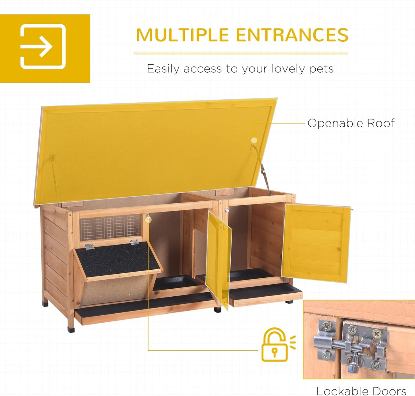 PawHut Wooden Rabbit Hutch Bunny Hutch Cage Guinea Pig with Waterproof Roof, No Leak Tray and Feeding Trough, Indoor/Outdoor, Natural