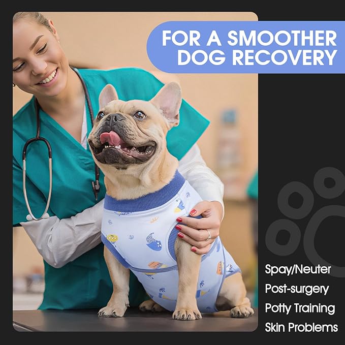 FUAMEY Recovery Suit for Dogs After Surgery,Soft Breathable Dog Bodysuit E-Collar & Cone Alternative Surgical Suit,Male Female Dog Neuter Spay Suits Anti Licking Wounds Onesie Blue Boat S
