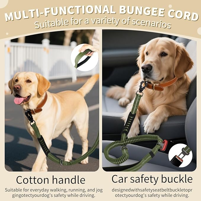 Heavy Duty Tactical Bungee Dog Leash, 4-6FT Shock Absorbing Tactical Dog Leash with 2 Padded Handles, Metal Carabiner Clip, Car Seatbelt, Reflective for Medium Large Dogs (ArmyGreen)