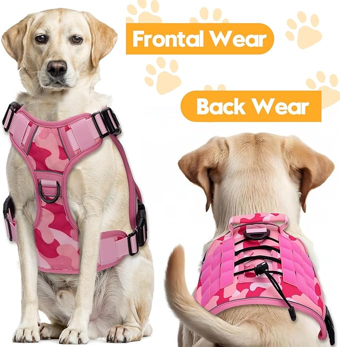 Heavy-Duty Tactical Dog Harness for Large Dogs, No Pull Adjustable Reflective Pet Vest with Molle System, K9 Military-Grade Control for Service Training, Outdoor & 10+ Breeds, Pink Camo, Large