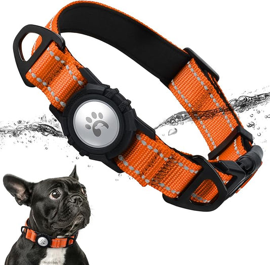 TagME Airtag Dog Collar,Waterproof Reflective Pet Collar with Airtag Holder,Soft Padded and Double D-Rings for Small Dogs,Orange