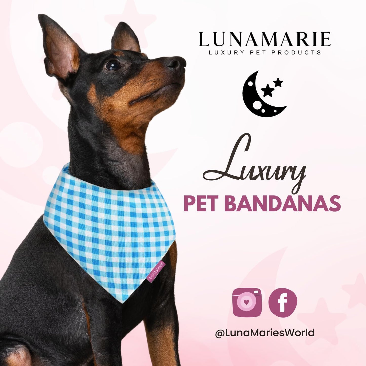 LunaMarie - Luxury Pet Birthday Bandanas -Premium & Silky Poly Fabric | 100% Handmade | Custom Shape Dual Layered (Blue Checkers, Large)