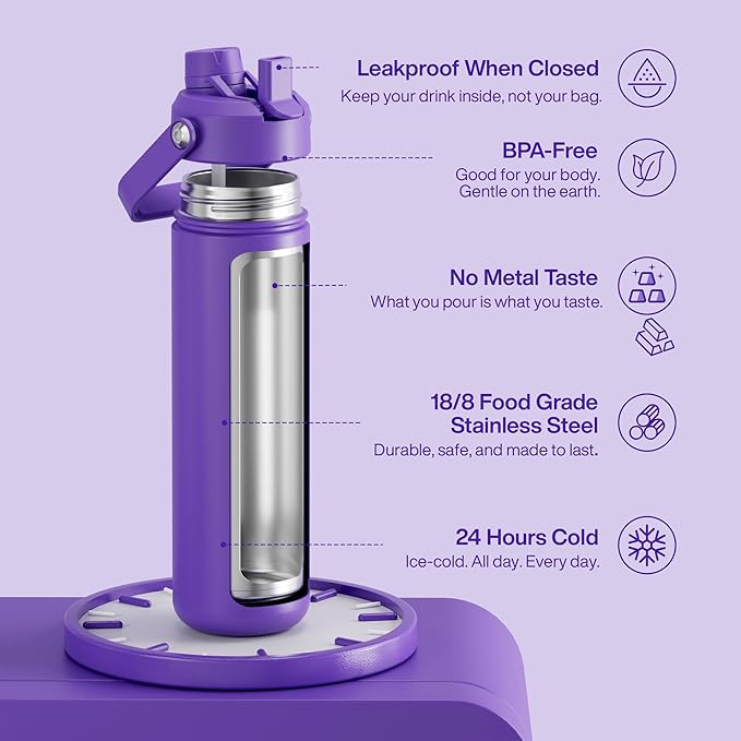 Insulated Water Bottle with Straw Stainless Steel Water Bottle, Leak-Proof, BPA-Free, Double Wall Vacuum Keeps Cold for 24 Hours for Sports, Travel, School (26 oz, Violet)