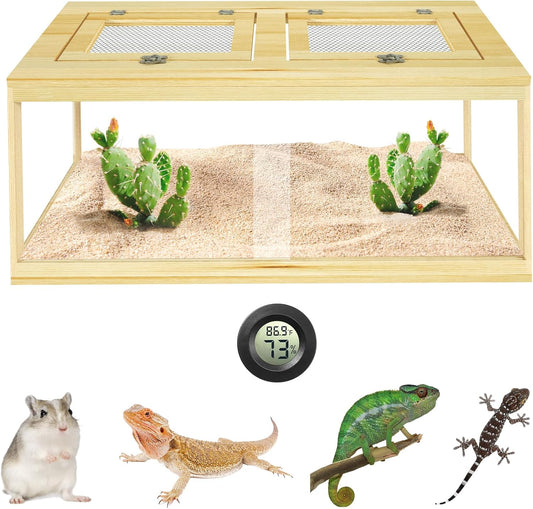 Reptile Terrarium Tank 37 Gallon, Snake Enclosure, Lizard, Leopard Gecko Tank with Openable Metal Mesh, Lockable Bearded Dragon Tank, Front Opening Reptile Cage (Wood, 32" x 16" x 16")