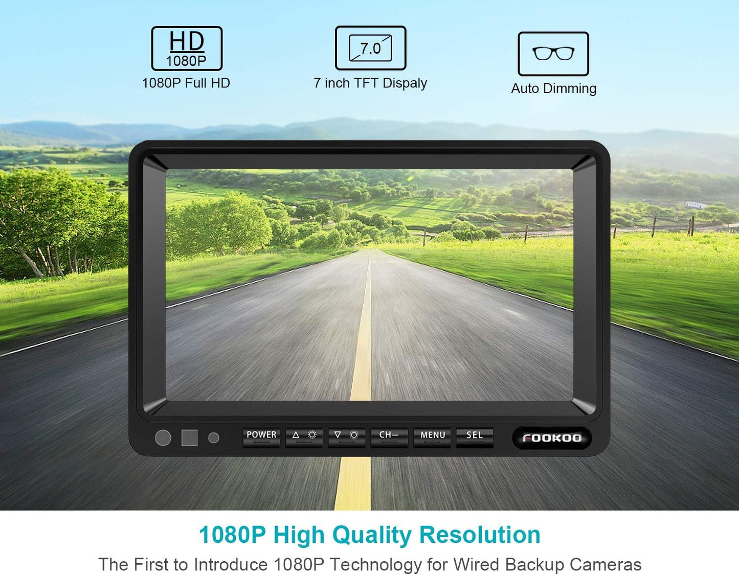 FOOKOO Ⅱ HD Backup Camera System Kit,7" 1080P Reversing Monitor+IP69 Waterproof Rear View Camera,Sharp CCD Chip, 100% Not Wash Up,Truck/Semi-Trailer/Box Truck/RV (FHD1-Wired)