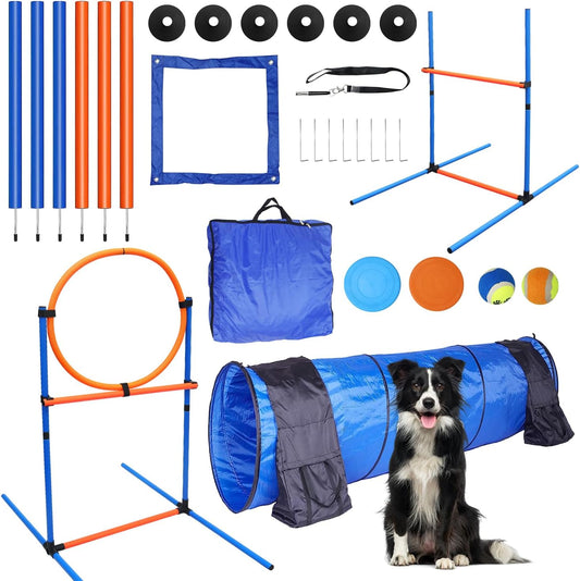 Dog Agility Training Equipment Set Outdoor Indoor Game, Tire Jump + Hurdle Jump, Tunnel, Weave Poles, Pause Box, 2 Toy Balls, 2 Flying Discs, 1 Whistle, 1 Bag, Backyard Premium Dog Obstacle Course Kit