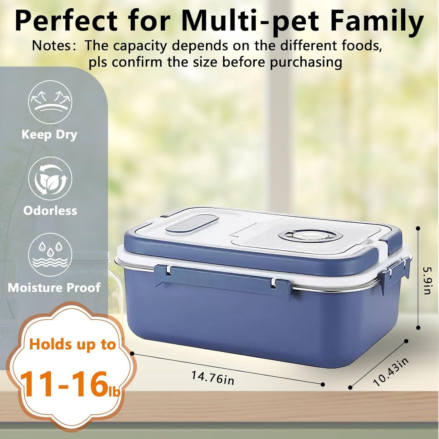 Sanbo Dog Food Storage Container Stainless Steel with Scoop,Airtight Pet Metal Food Storage Bin,Cat Food Canister,Storage Box with Date Tracker for Kitchen (Blue, 7.5L)