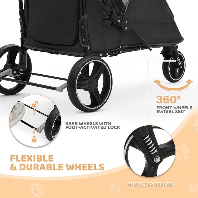 Magshion Pet Stroller for Medium Dogs w/Adjustable Handle, 3-Wheel Dog Cat Wagon w/Dual Entry, Rear Storage, Breathable Mesh, One-Foot Brake, Ideal for Large Pets up to 55 lbs, Black