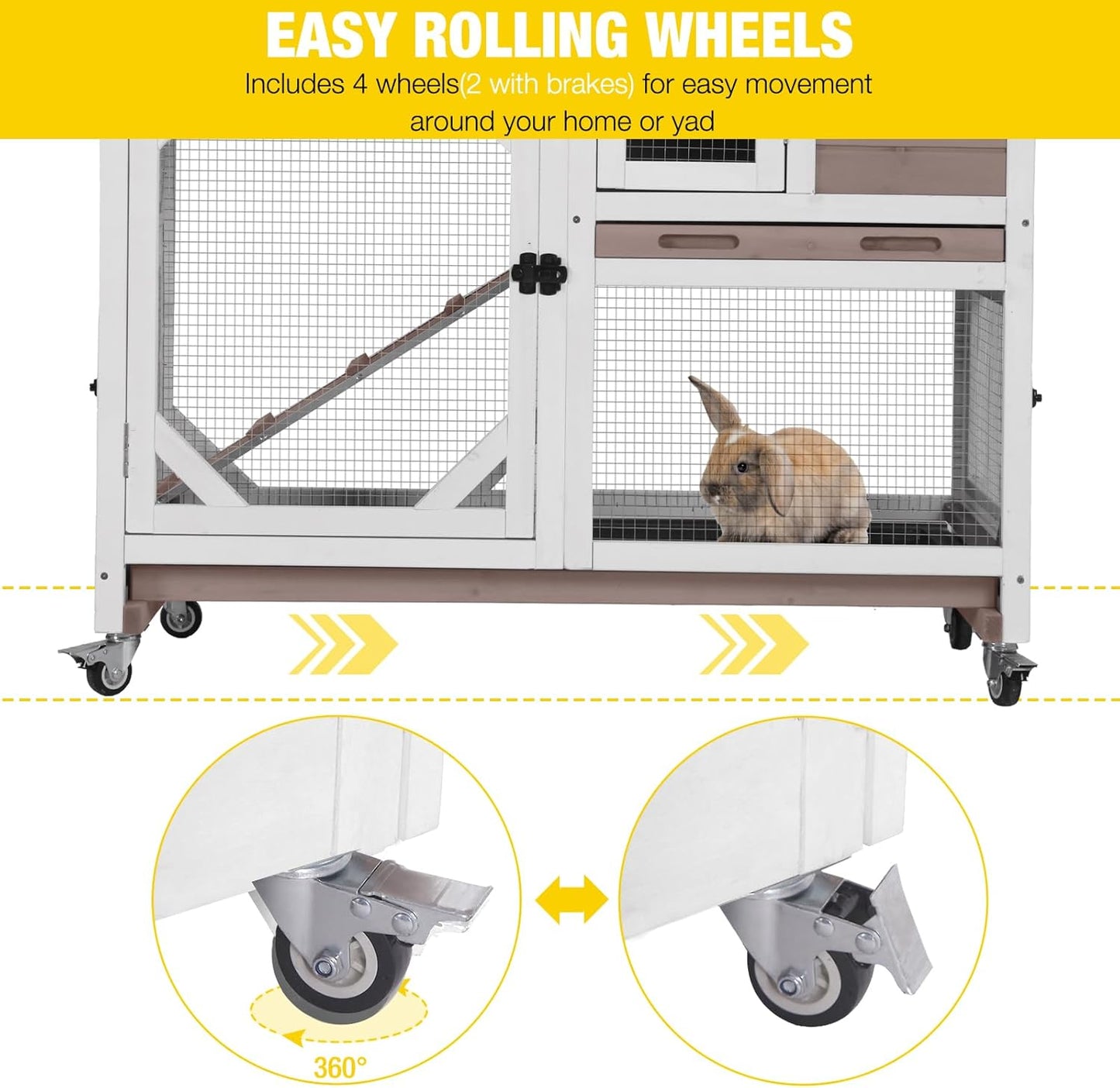 Aivituvin Rabbit Cage Indoor Outdoor Bunny Hutch on Wheels, 2 Story Wood Guinea Pig Cages with 2 Deeper Pull Out Trays