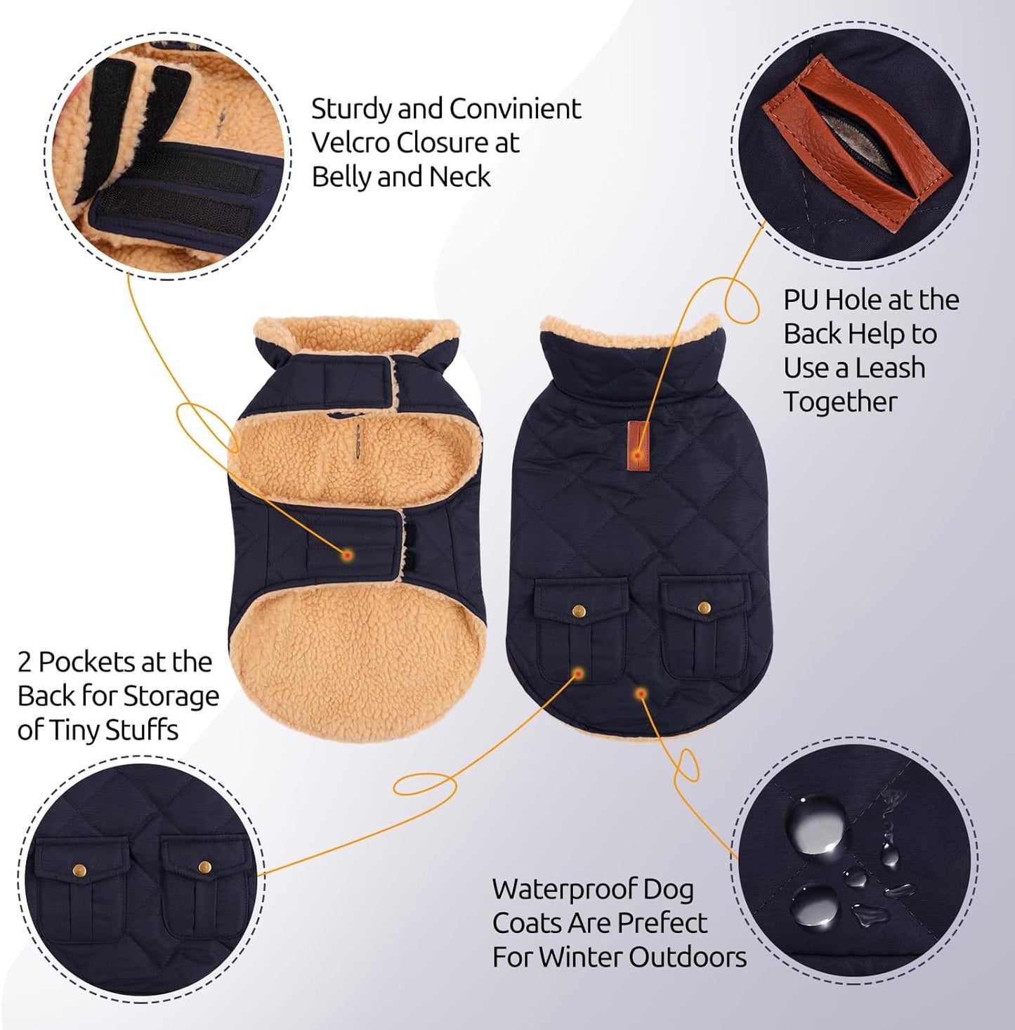 Queenmore Warm Puffer Dog Jacket, Quilting Winter Coat Ultra Thick Plush Lining with Storage Pockets (Dark Navy, X-Small)