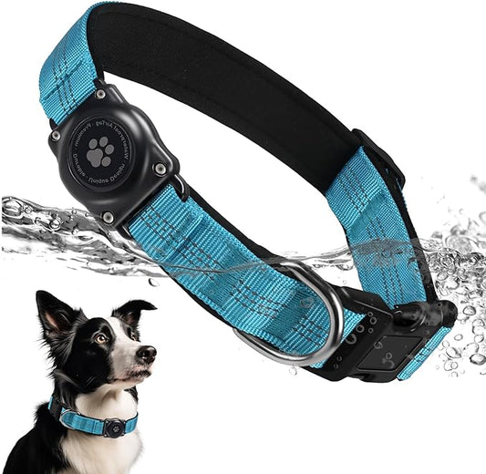 Upgraded AirTag Collar, IP68 Waterproof Holder, Reflective, Ultra-Durable, Comfortable Padded, Heavy Duty for Small to Large Dogs (XS (10.25"-13"), Blue)