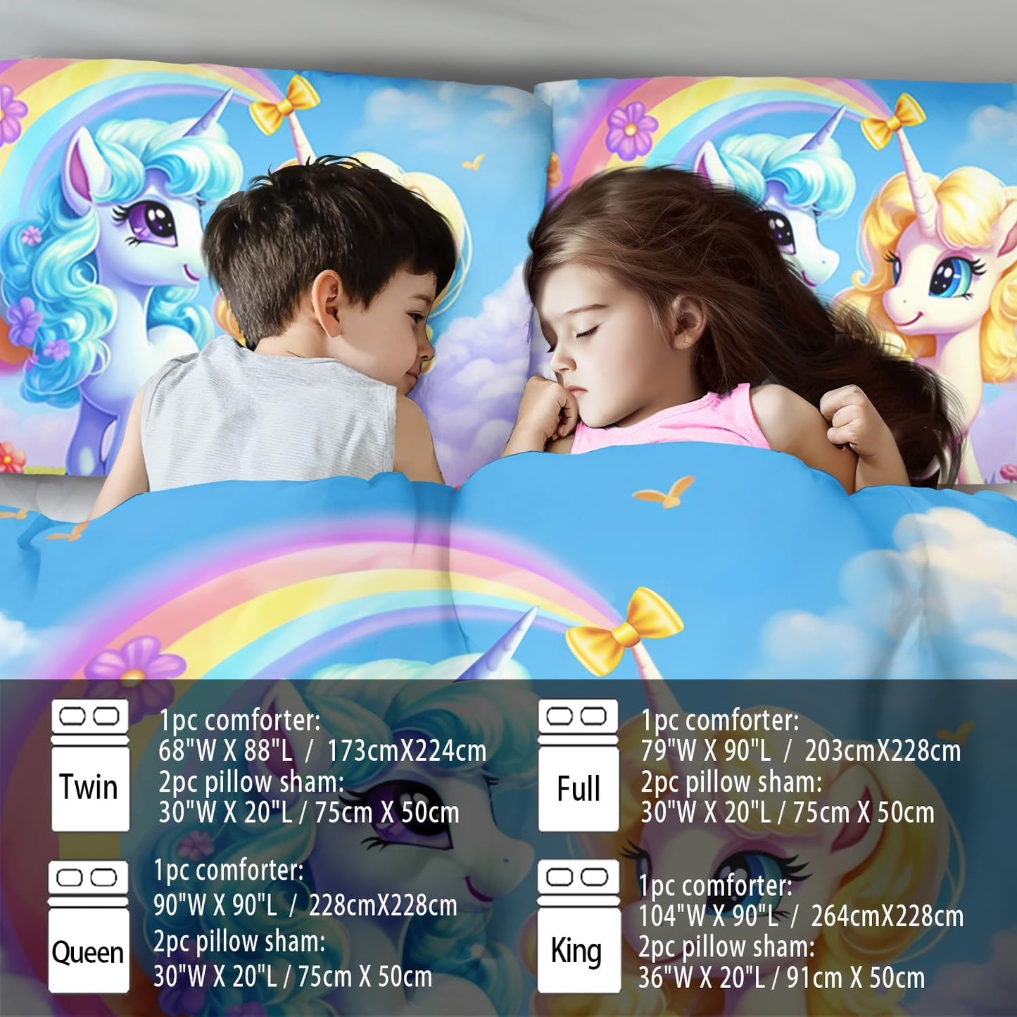 Unicorn Comforter Set King,Kawaii Unicorn Bedding Set King Kids,Rainbow Comforter Blue Bedroom Decor,Cute Animal Bedding Rainbow Bed Decor for Girls,Cartoon Blue Floral Quilt