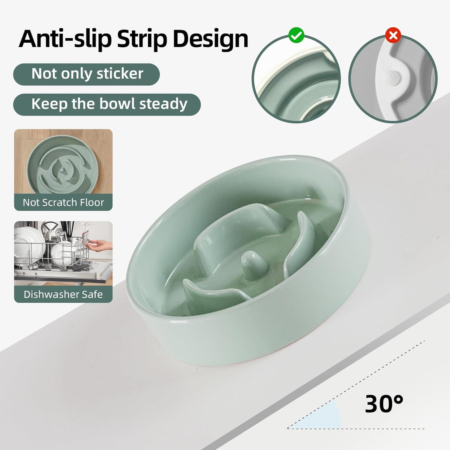 Ceramic Raised Slow Feeder Dog Bowl Set, Elevated 5.1inch Bowl and 6.1inch Puzzle Slow Pet Food Dish with Wooden Stand for Small Dog and Cat, Anti-Gulping (2X Light Green+ Stand)