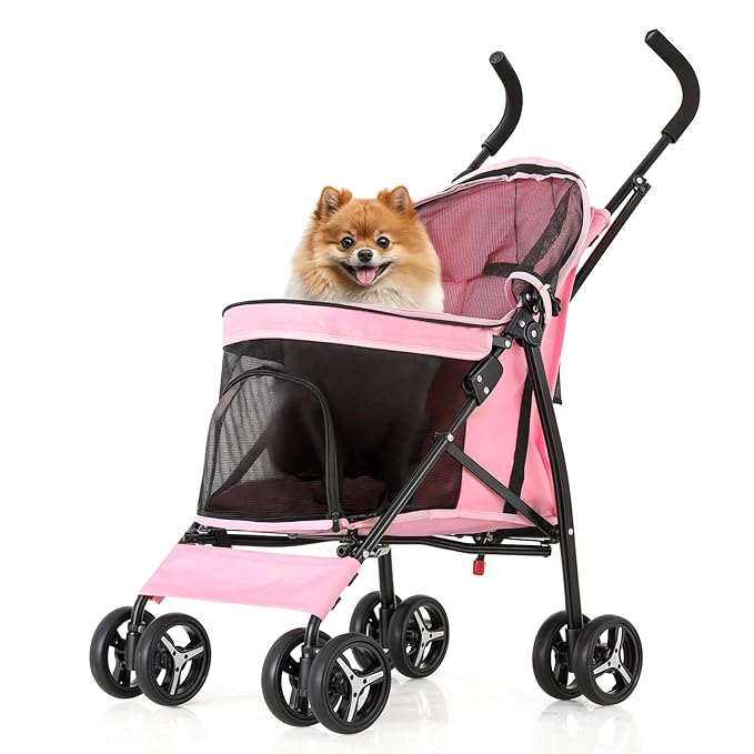 MoNiBloom 4 Wheels Pet Stroller, Easy-Fold Puppy Cage Jogger Stroller with Sun Cover, Pad and Rear Storage Bag, Breathable and Visible Mesh for Small/Medium Pets up to 22 lbs, Pink