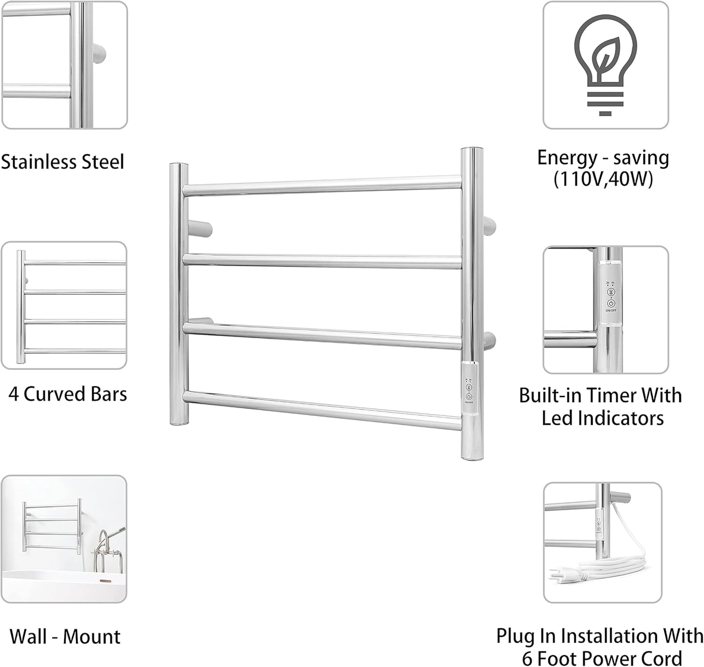 KEG Towel Warmer Wall Mounted with Built-in Timer 4 Bars Electric Stainless Steel Heated Towel Racks for Bathroom, Hot Plug-in Bath Towel Heater Polish Chrome