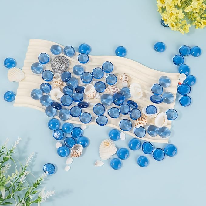 Pale Blue Glass Marbles, 0.97LB Transparent Flat Glass Beads for Vases, Light Blue Mosaic Gem Pebbles for Aquarium Decor, Floral Arrangements, Mancala Stones, Vase Filler and Crafts, Approx. 80-100PCS