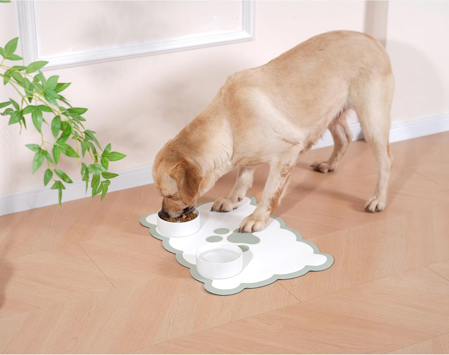 Ralxion Scalloped Dog Feeding Mat, Absorbent Mats for Dog Food and Water Bowl, Dispenser, Cute Elegant Aesthetic Sage Green Scallop Pet Placemat for Dogs, Cats, Puppy Accessories, 17" X 24”