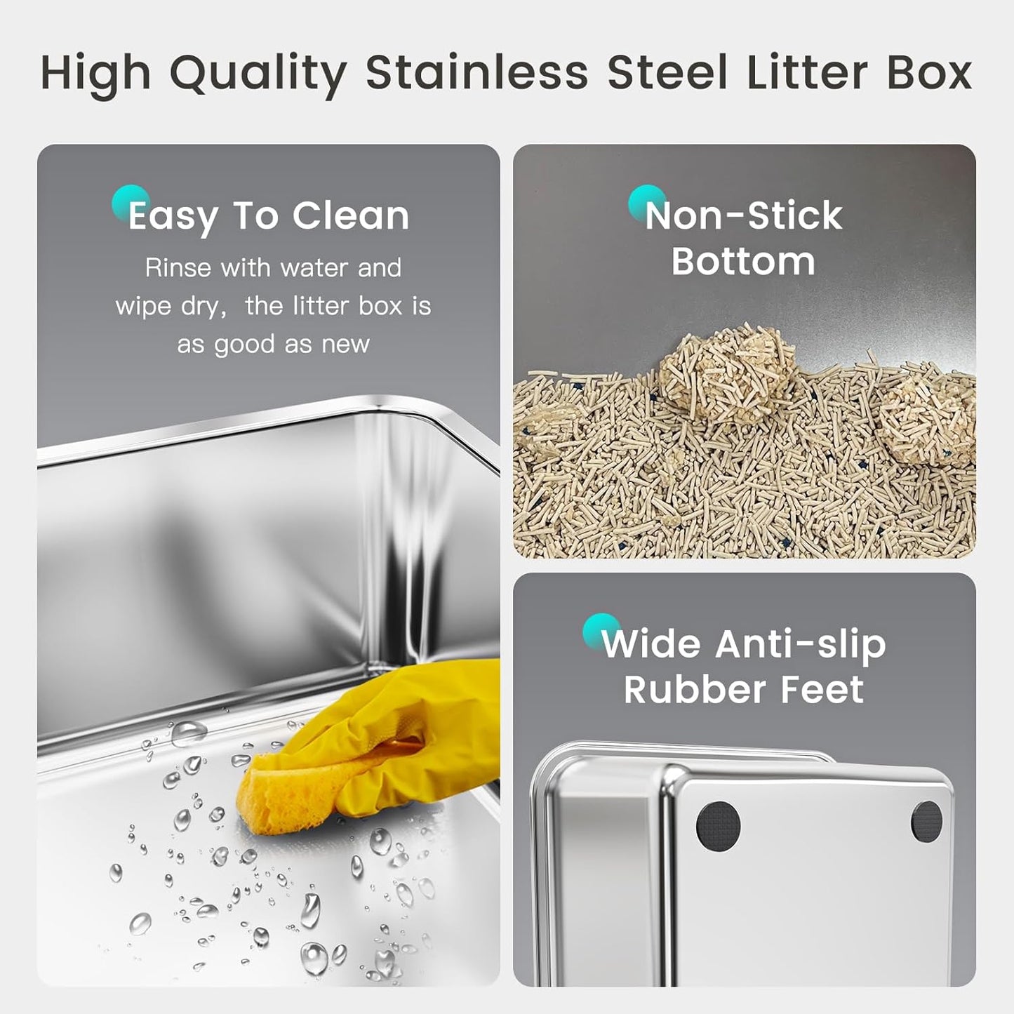 Tripamin 2PACK Stainless Steel Litter Box, 8" Metal Litter Boxs with Lid High Sides, XL Extra Large Litter Box for Big Cats, Leak-Proof, Easy Cleaning, Non-Sticky(Translucent Black)