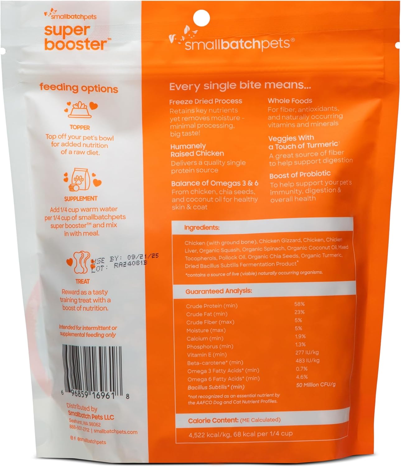 Smallbatch Freeze Dried Dog Treats, Superfood Food Topper Chicken Bites for Dogs & Cats, Probiotics, Organic Ingredients, High Protein, Grain Free Healthy Treat Food Topper, Made in the USA, 18 oz Bag