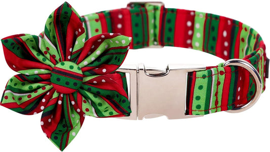 Lionet Paws Christmas Dog Collar with Flower, Dog Flower Collar with Metal Buckle for Dogs, Adjustable Comfortable Dog Collar Girl Gift, L, Neck 16-24 in
