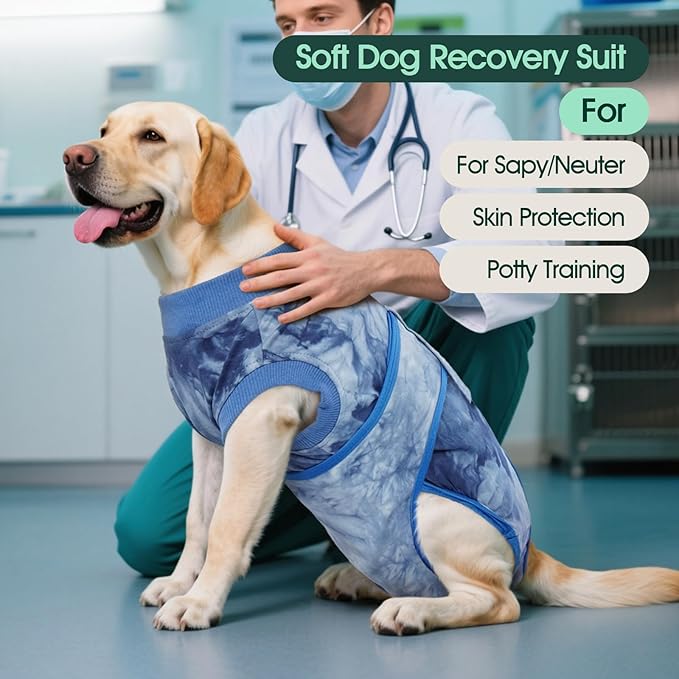 Kuoser Dog Surgery Recovery Suit, Anti Licking Pet Surgical Suit for Dogs Male Neuter, Female Dog Surgery Suit for Spay Subsititute E-Collar Cone, Dogs Body Suits After Surgery Blue Tie Dye 2XL