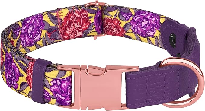 AirTag Dog Collar for Small Medium Large Breed - Adjustable Cute Pattern Dog Collar with Airtag Holder - Soft Leather Tracker GPS Apple Air Tag Pet Collars (X-Large, 20"-25" Neck Fit, Peonies)