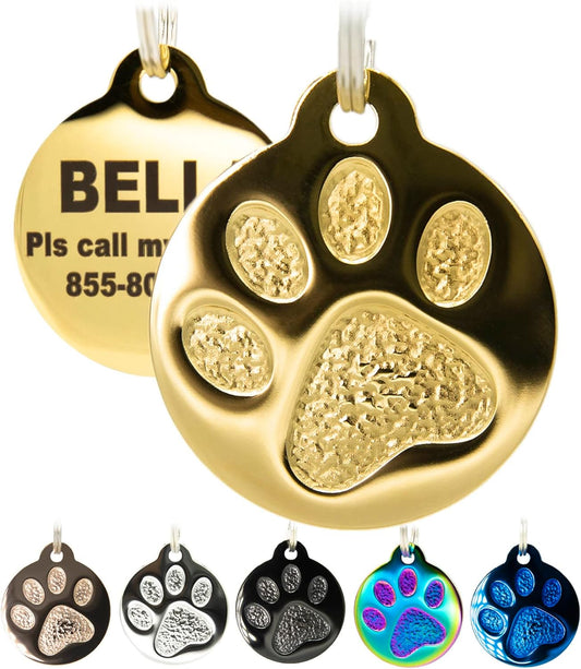 Engraved Pet Tag for Dogs and Cats - Personalized Front & Back up to 4 Lines of Text Custom Engraved ID, Round Paw Print Solid Plating Stainless Steel Gold Regular