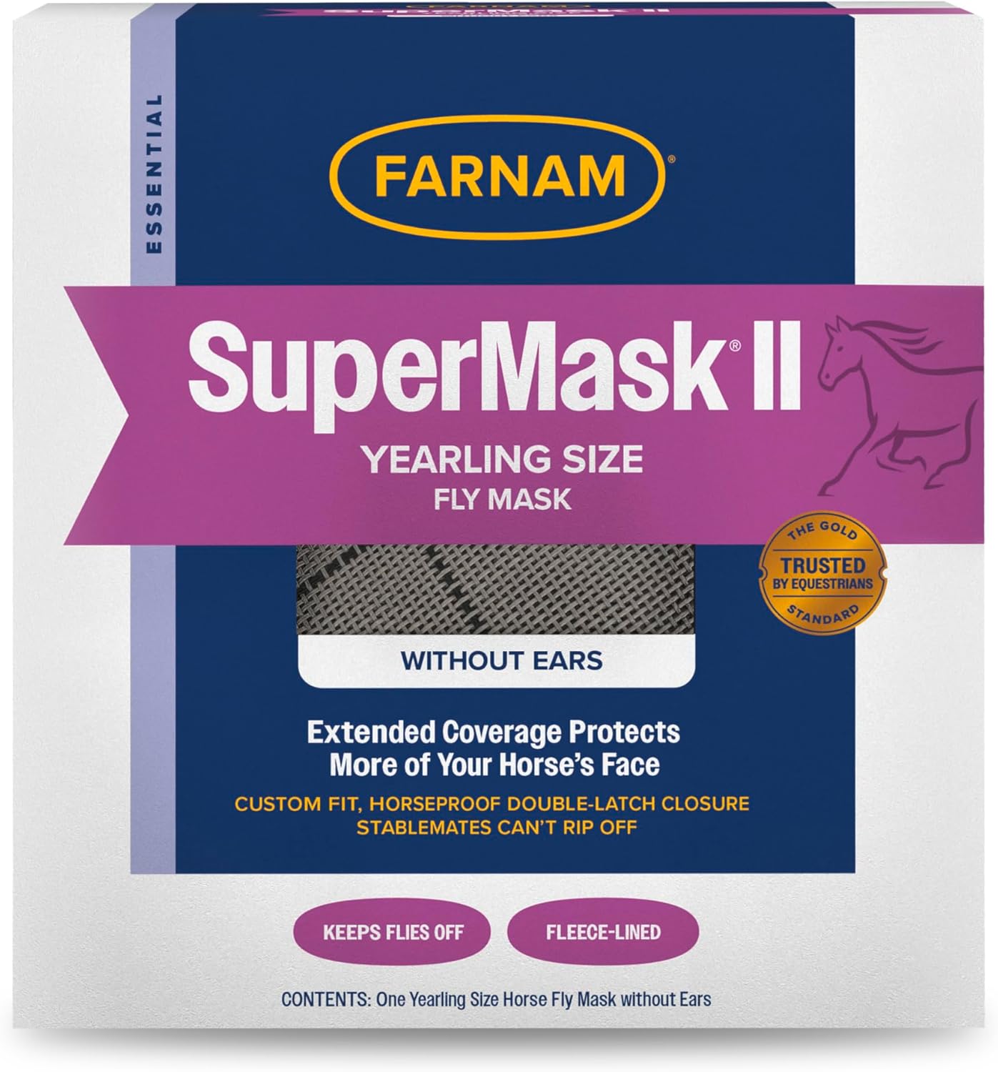 Farnam SuperMask II horse fly mask without ears, extended coverage, protects eyes from insects and debris, adjustable throat latch, Yearling size