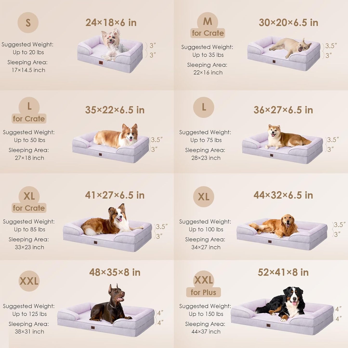 EHEYCIGA Orthopedic XL Dog Beds, Waterproof Memory Foam Dog Bed for Extra Large Dogs, Non-Slip Bottom and Egg-Crate Foam Big Pet Couch Bed with Washable Removable Cover,Lilac