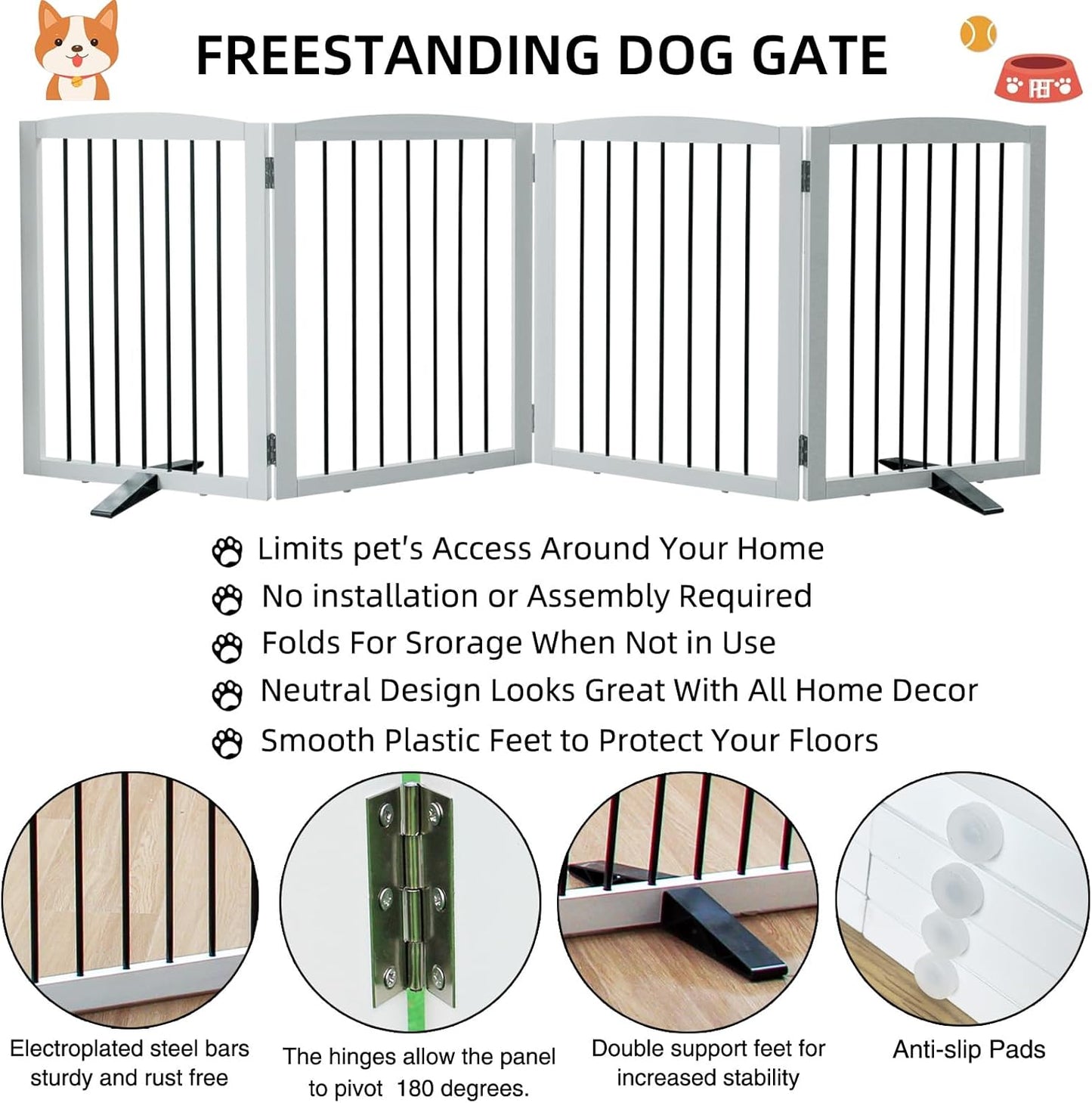ZJSF Freestanding Panel Dog Gate for Indoor, Doorways,Stairs, or Hallways,Foldable Wooden White Pet Gates for House,Pet Gate for Dogs,Dog Fence, Puppy Gate,Support Feet Included,24 "Height-4 Panels