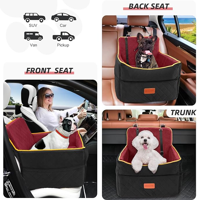 Dog Car Seat for Small Medium Dogs, Memory Foam Puppy Dog Booster Seat with Thick Cushion for Dogs Under 35lbs, Detachable Washable Pet Car Seat Travel Bed with Storage Pockets,2 Safety Belts
